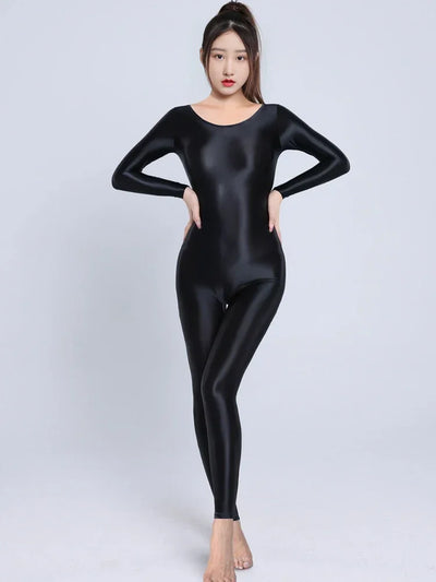 Women's Sexy Yoga Shaper Jumpsuit Dance SM Wear Oil Glossy High Elastic Long Sleeves Bodysuit Sheer Slip Satin Slimming Tights