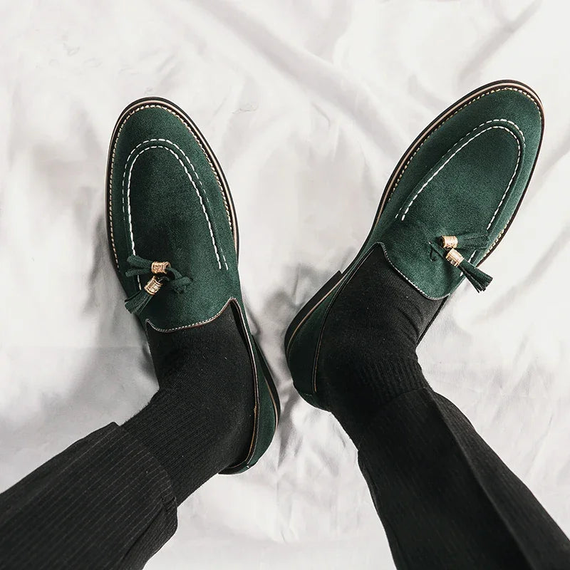 Luxury Designer Men Suede Tassels Blue Green Oxford Brogue Shoes Moccasins Wedding Prom Homecoming Party Footwear Zapatos Hombre