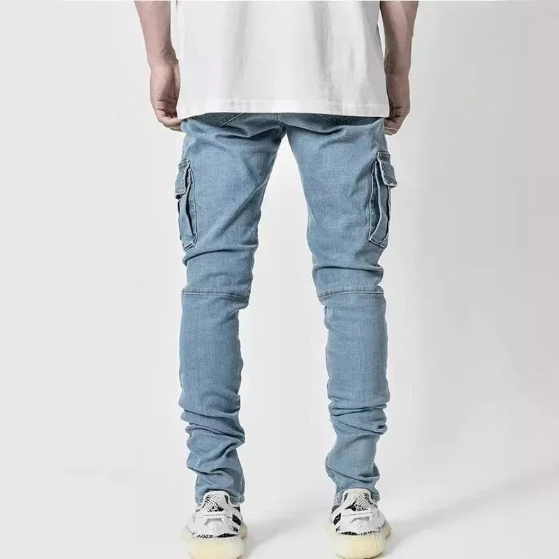 Men Street Elastic Denim Jeans Wash Solid Color Multi Pockets Cargo Pants Casual Slim Fit Daily Wear Joggers Mid Waist Trousers