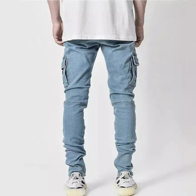 Men Street Elastic Denim Jeans Wash Solid Color Multi Pockets Cargo Pants Casual Slim Fit Daily Wear Joggers Mid Waist Trousers