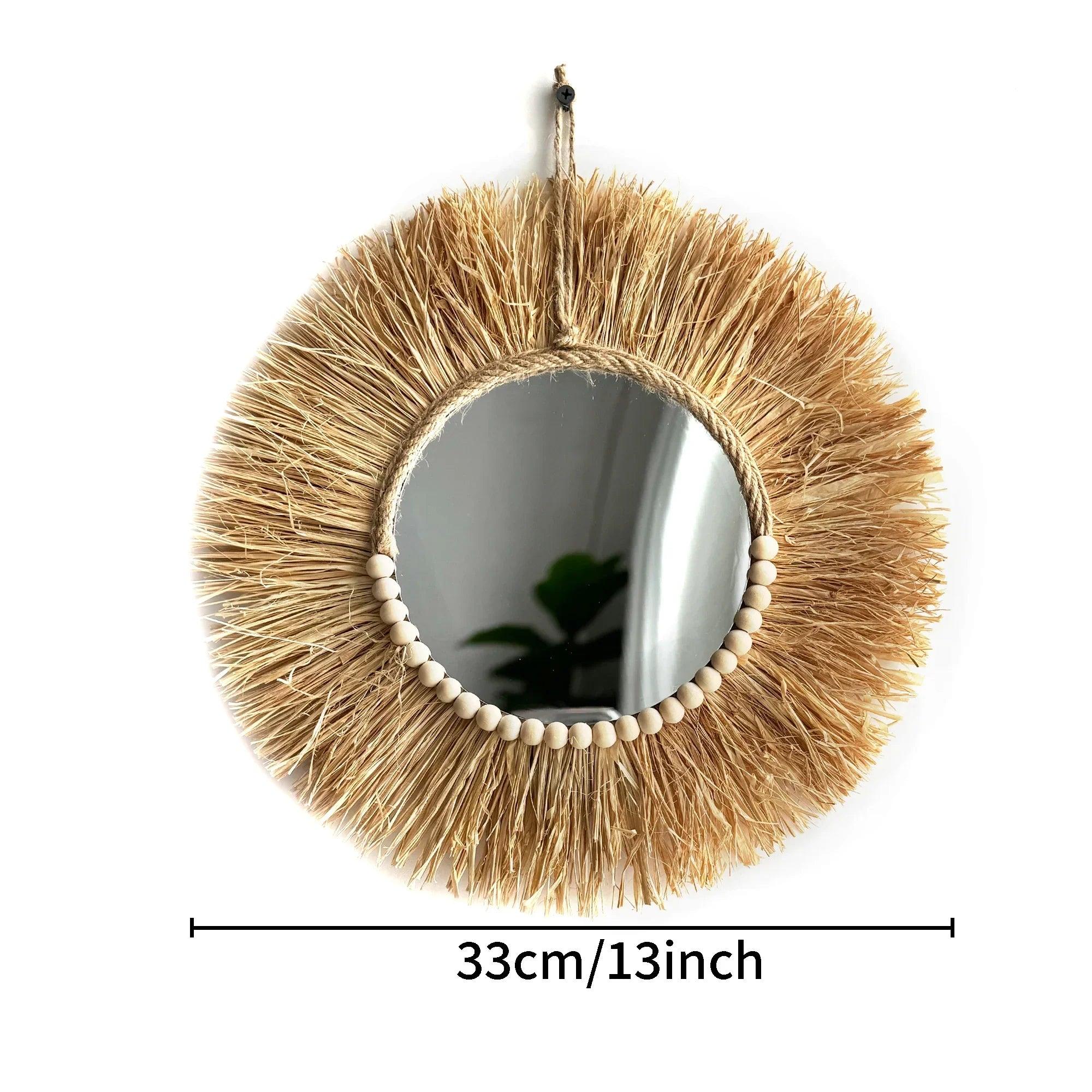 Handmade boho raffia mirror wall hanging decor rustic circle acrylic mirrors with wood bead farmhouse aesthetic nursery