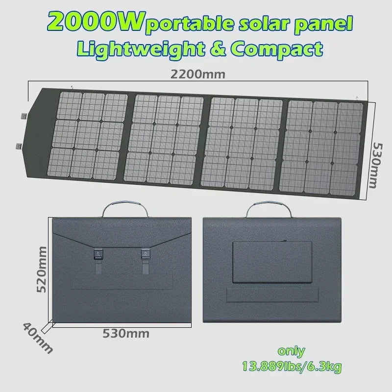 Flexible, Foldable, High Efficiency Solar Panel, Travel & Phone & Boat, Portable 12V 2000w 1500w 1000w 500w Solar Panel Kit