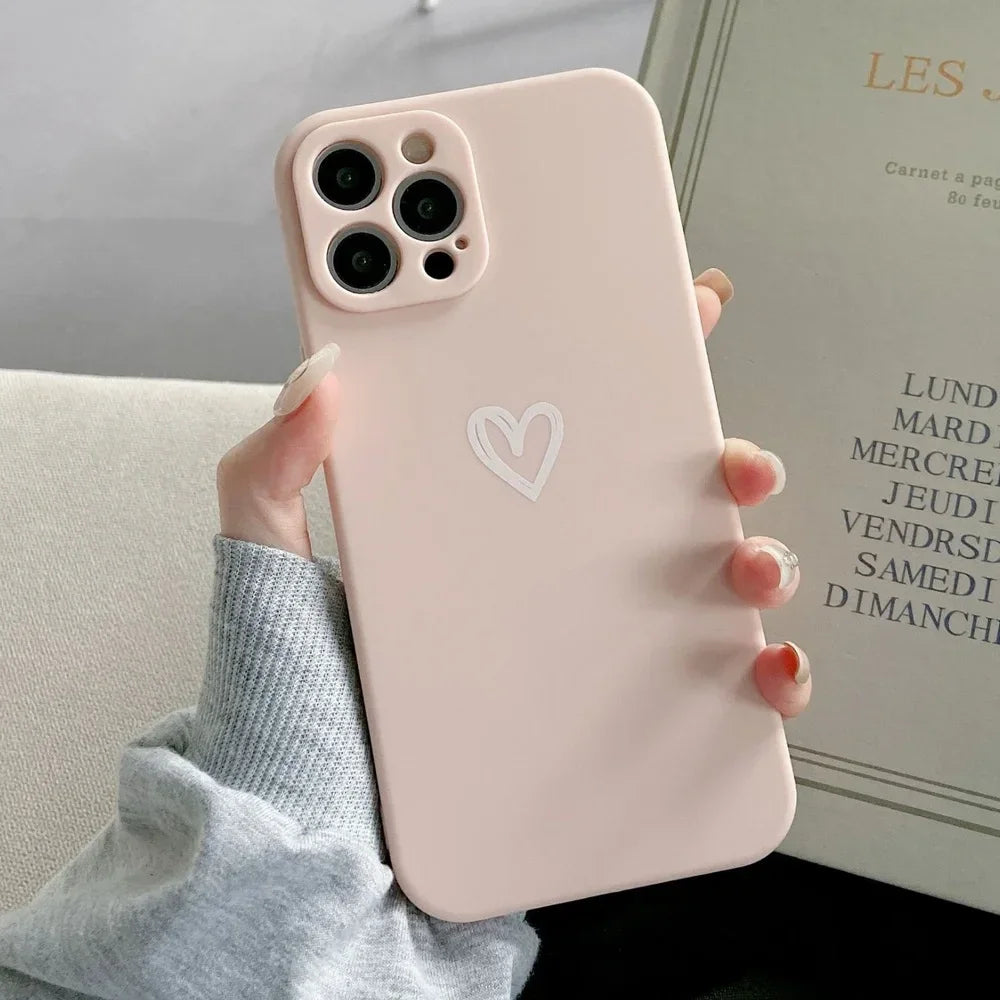 Cute Love Heart Soft Bumper Phone Case For iPhone 16 15 14 13 12 11 Pro X XR XS Max 8 7 Plus Mini Candy Matte Shockproof Cover