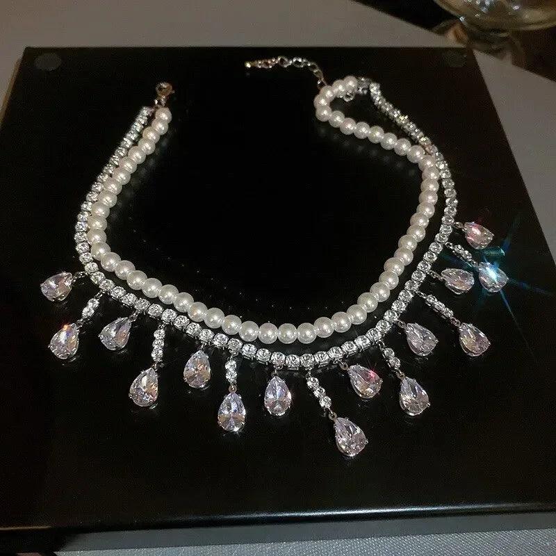 Luxury rhinestone crystal chokers necklaces for women multilayer imitation pearl chain necklace party wedding jewelry