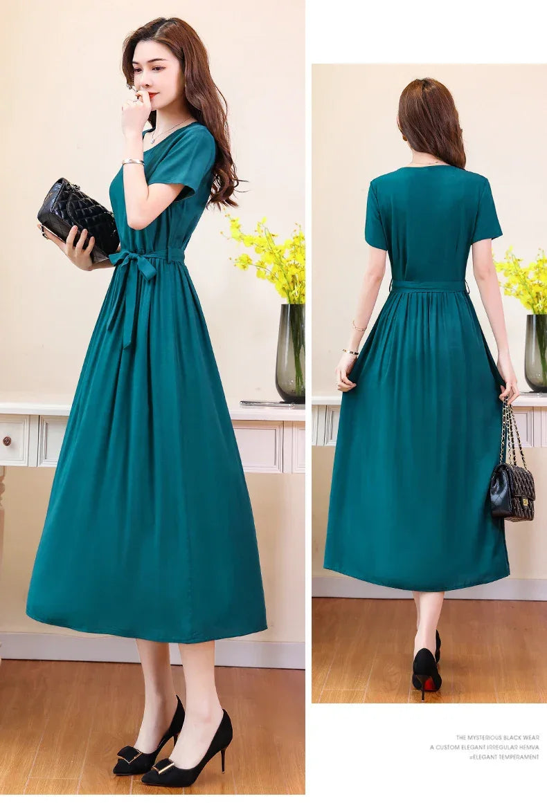 New Fashion Summer Dresses For Women 2025 Elegant Casual Short Sleeve Midi Dress Soild Colour Women Clothing
