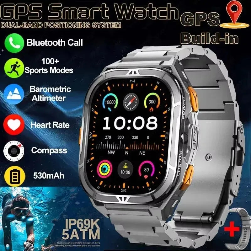 2025 New GPS Smart Watch Men 1.96-inch HD AMOLED Screen Compass Bluetooth Call 5ATM Waterproof Sport Smart Watch for Android iOS