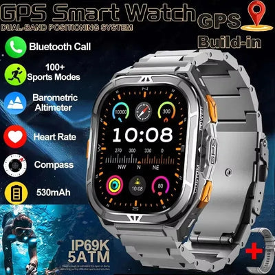 2025 New GPS Smart Watch Men 1.96-inch HD AMOLED Screen Compass Bluetooth Call 5ATM Waterproof Sport Smart Watch for Android iOS