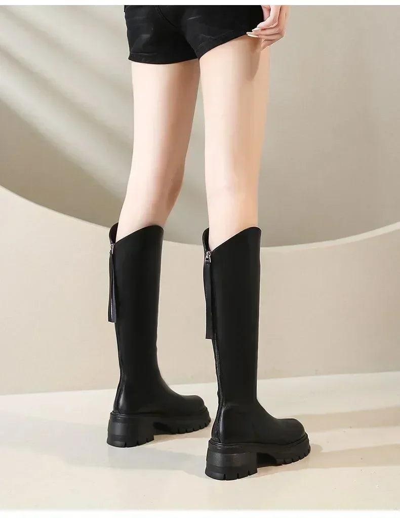 Long tube boots for women 2025 winter new height increasing knight thick heel retro versatile women’s