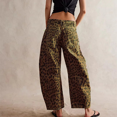 Women Leopard Barrel Jeans Y2k Cheetah Printed Baggy Boyfriend Jeans Mid Rise Wide Leg Denim Pants Horseshoe Jeans