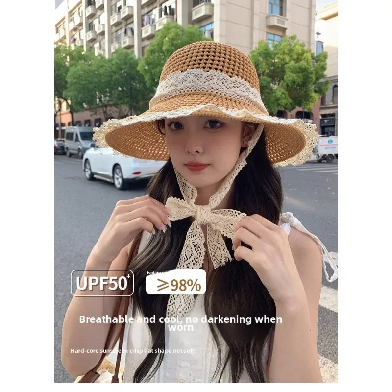 Sunscreen Hat for Women Summer Outdoor Sun Hat Large Brim French Lace Straw Hat Woven Vacation Beach Hat