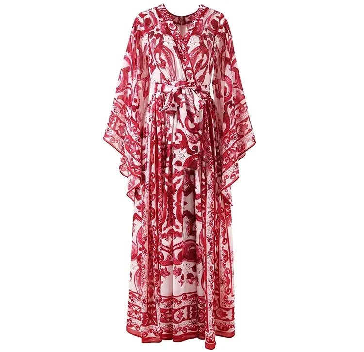 Seifrmann Spring Autumn Designer Women's V-neck Flying sleeve Lace up Print Loose Holiday robe Dresses