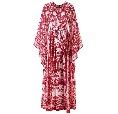 Seifrmann Spring Autumn Designer Women's V-neck Flying sleeve Lace up Print Loose Holiday robe Dresses