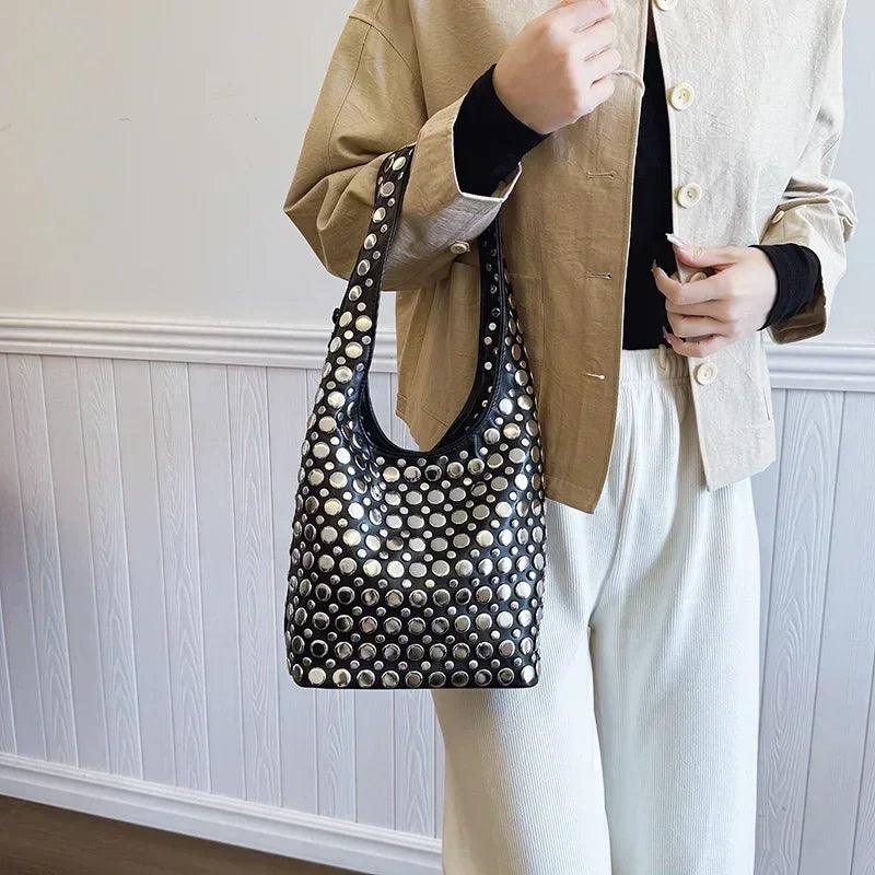 Designer geometric shoulder bag for women top brand handbag luxury shiny rivet handmade evening clutch fashion party