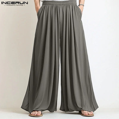 Men Wide Leg Pants Solid Color Joggers Pleated Oversize Casual Trousers Men Elastic Waist 2025 Streetwear Fashion Pants INCERUN