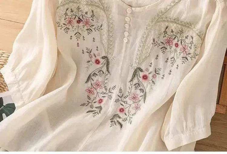 Linen V-neck EmbroideryTop For Women