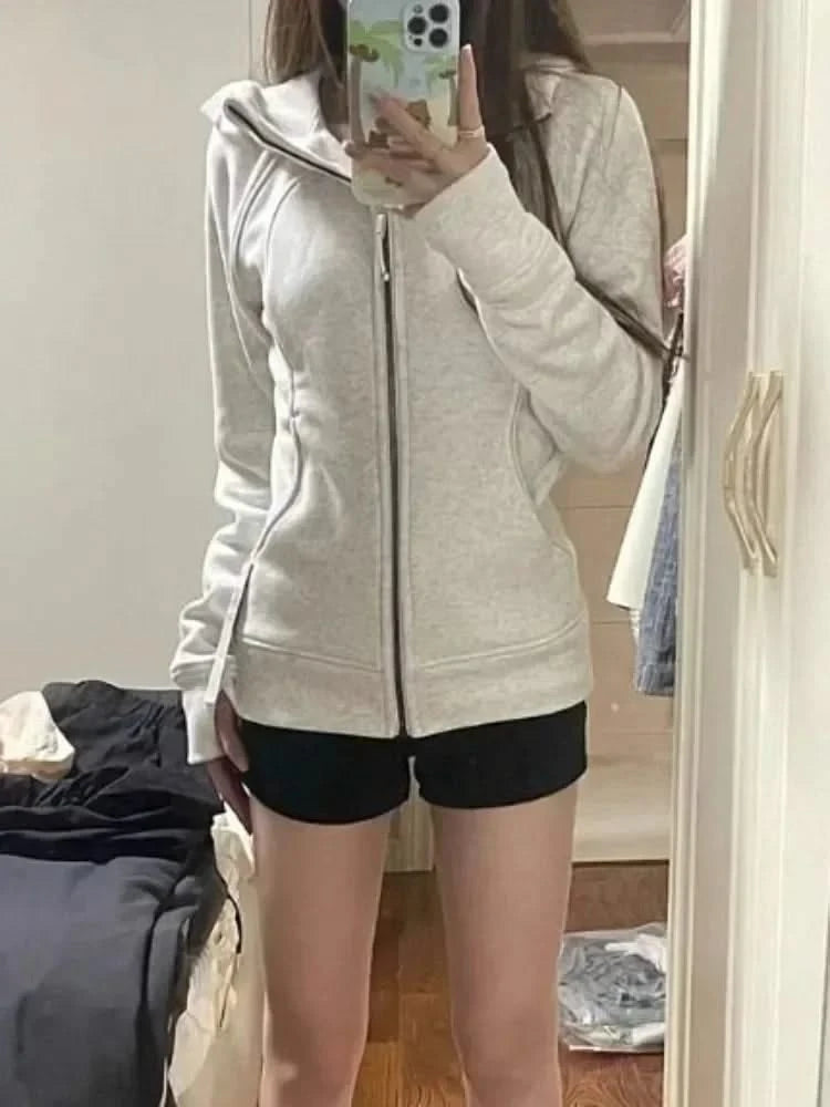Deeptown American Vintage Cropped Hoodies Women Korean Style Streetwear Grey Zip Up Hooded Sweatshirt Casual Y2k Slim Hood Shirt