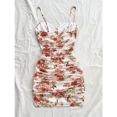 French Floral Slip Dress for Women Spring Summer Fashion Sexy Temperament Backless Mini Dresses Vacation Style Sling Beach Skirt