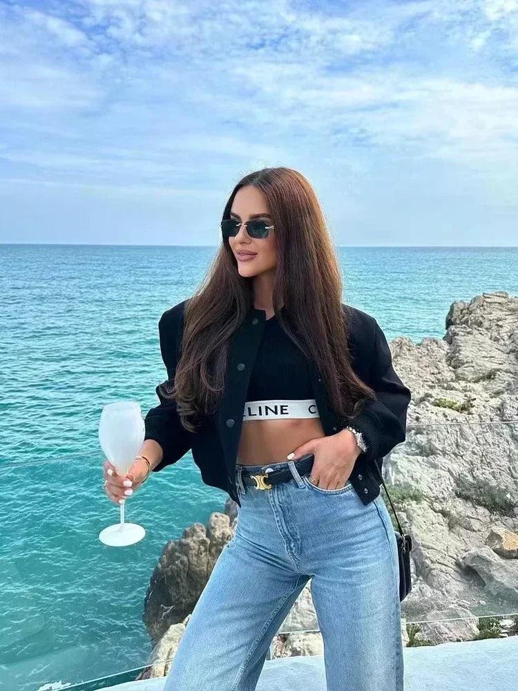 Button bomber cropped jackets woman coat autumn winter outerwear