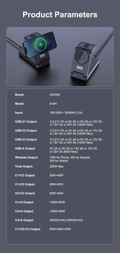 260W Magnetic Wireless Charging Station GaN USB TypeC Charger PPS PD Fast Charge For iPhone 16 15 IWatch AirPods Foldable Holder