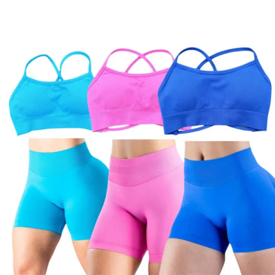 2025 Yoga High Quality Set Solid Color Women's Sports Hip Lift Shorts Cross Bra Shockproof Backrest Sling 2-piece Set Summer