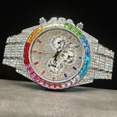 2025 Top Luxury Watch For Men Fashion Ice Diamond Hip Hop Rainbow Diamond Multifunction Man Quartz Wristwatch Gift Dropshipping