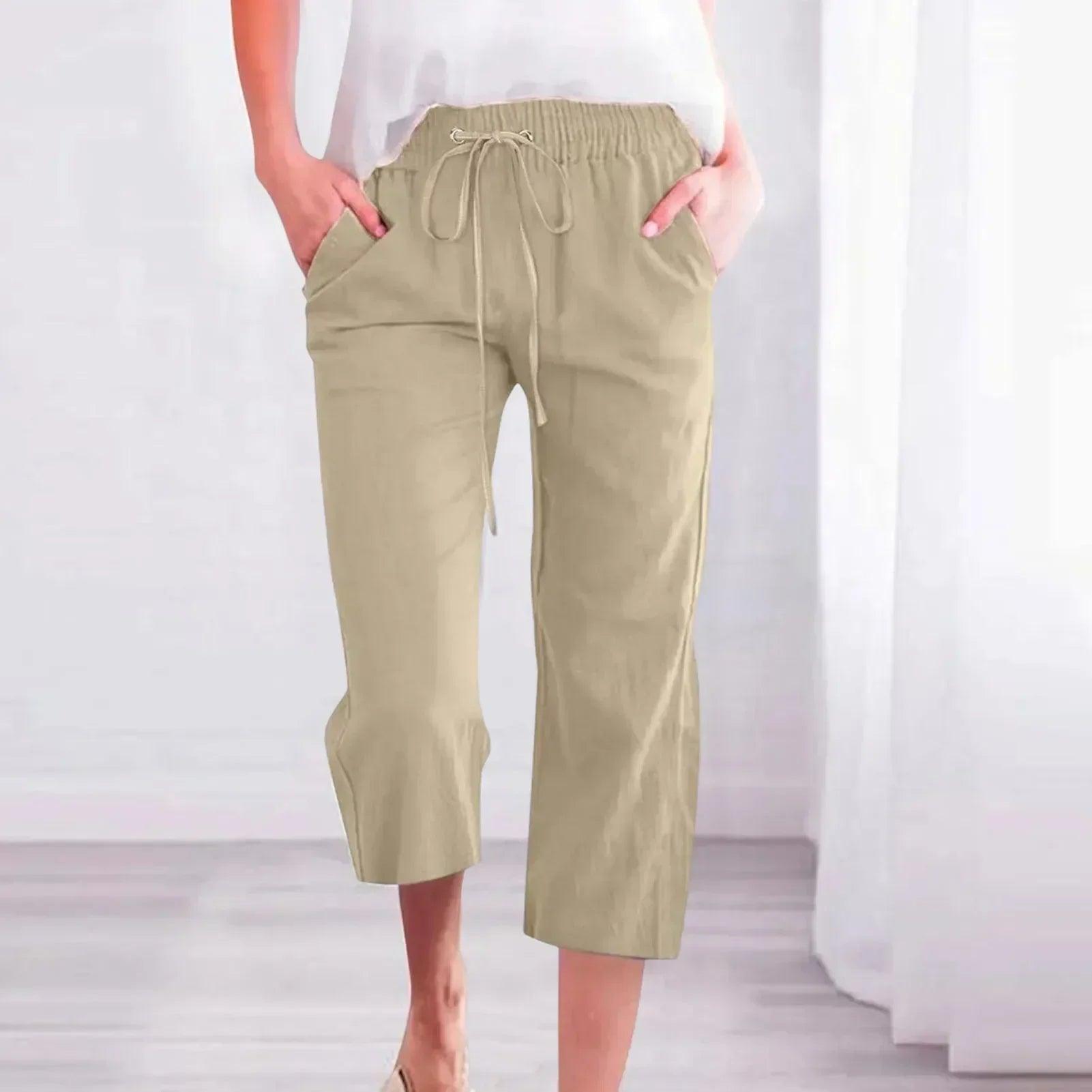 Women’s pants cotton linen harem cropped women drawstring lady pocket trousers loose ropa mujer juvenil