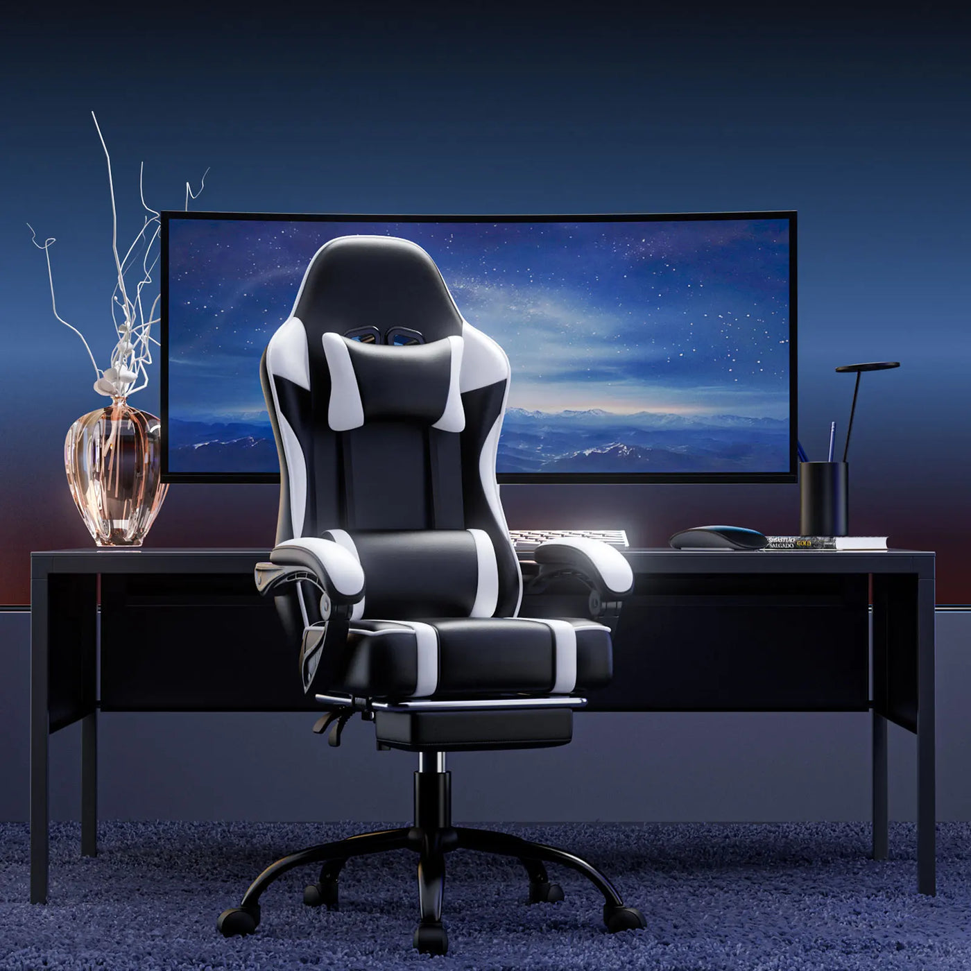 Ergonomic Gaming Chair with Footrest, High-Back Video Game Chair Computer Chair, Office Chair with Headrest and Lumbar, PU Leath