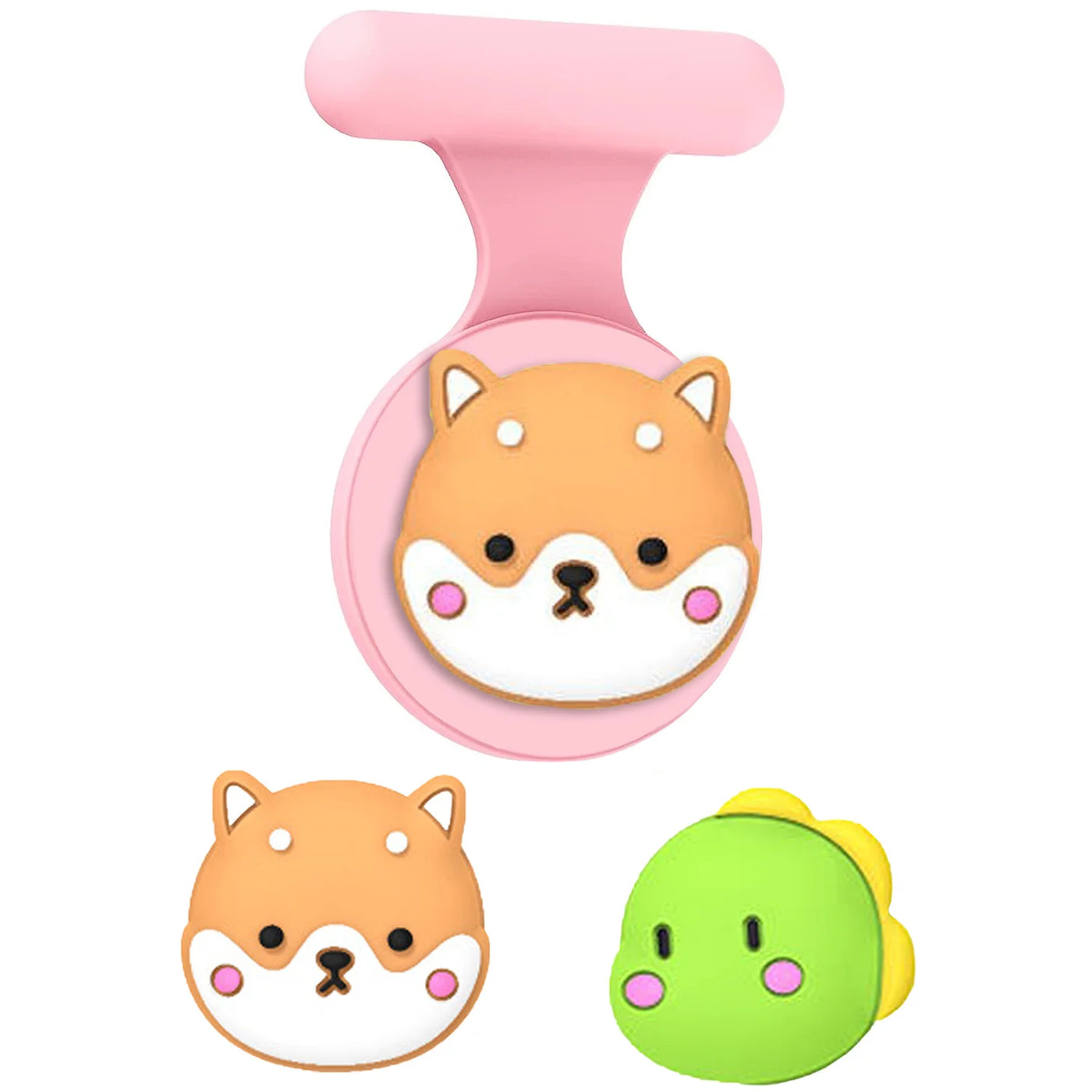 Pink silicone dog pacifier holder with Shiba Inu and frog clips for AirTag kids accessories