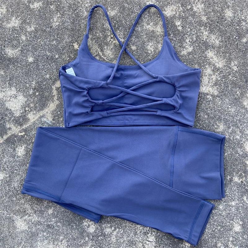 2pcs Gym Leggings Set Yoga Sports Set Women Workout Outfit Fitness Suit Cross Straps Bra High Waist Leggings Running Tracksuit