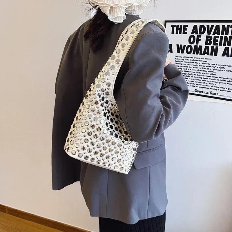 Designer geometric shoulder bag for women top brand handbag luxury shiny rivet handmade evening clutch fashion party