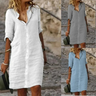White Spring Cotton Linen Women's Mini Dress