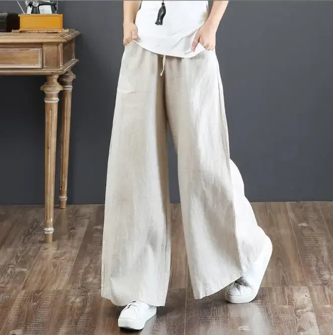 Women Wide Leg Pants Solid Loose Length Pants Cotton Linen Elastic Waist Casual Pants Vintage Mid Waist Pants 5XL