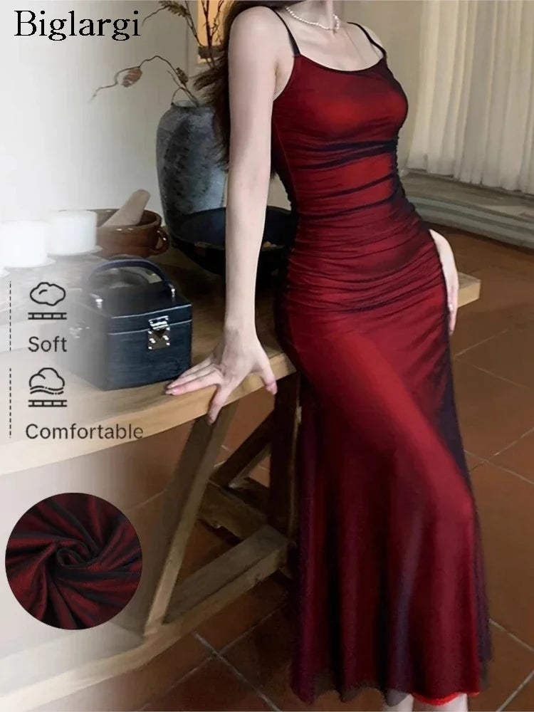 Summer Satin Sleeveless Slip Dress Women Fishtail Ruffle Elegant Fashion Ladies Dresses Slim High Waist Woman Long Dress