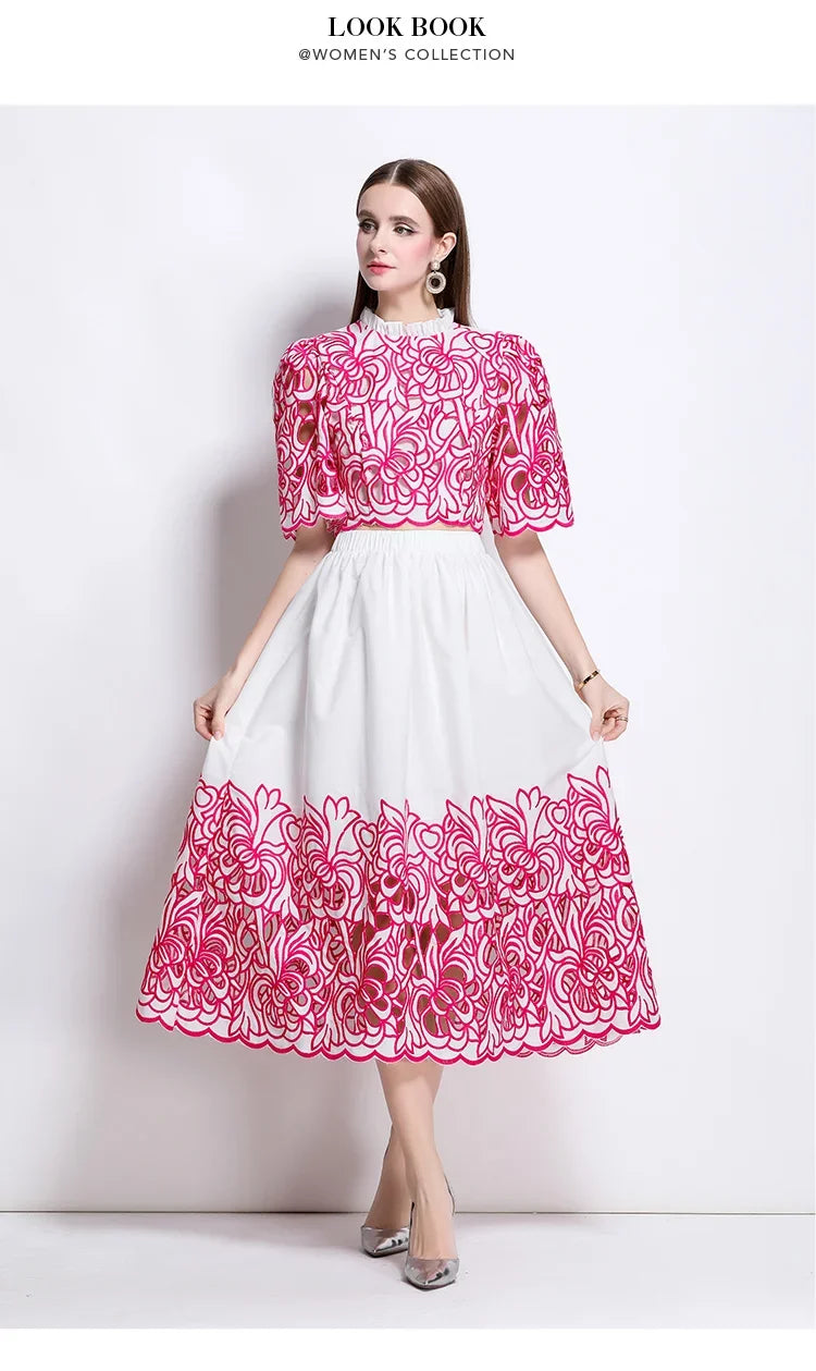 Summer Short Sleeve A-LINE Set Skirt for Women Fashion Ruffled Collar Embroidery Set Skirt Women Vestidos De Verano Mujer Q344