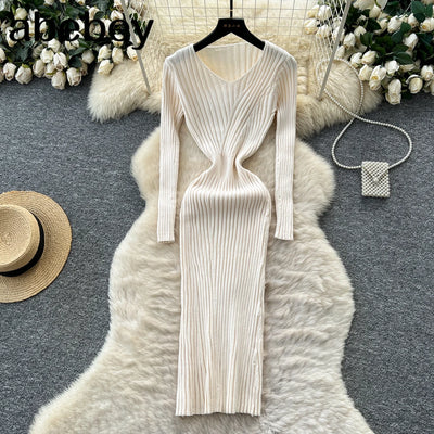 Sweater Knit Dress For Women Vintage Knitting Package Hip Elegant Lady Knitwear Elasticity Women's Autumn Winter Midi Dresses