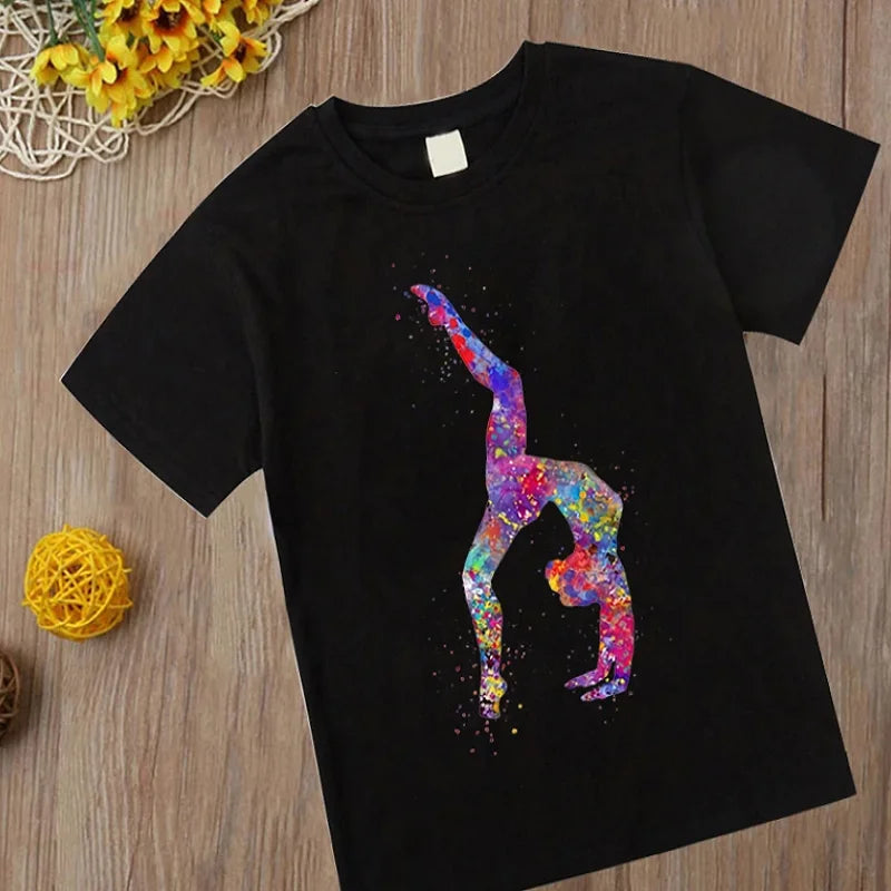 Watercolor Gymnastics Girl Printed Cute Children's T-shirt Children's Black T-shirt Exercise Enthusiast Birthday Gift