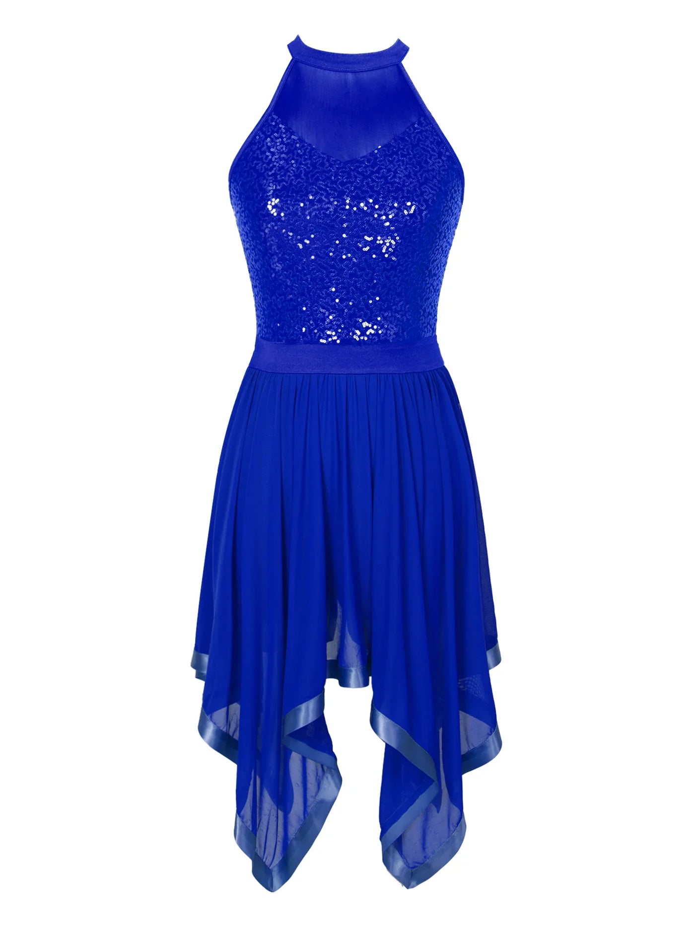 Elegant Ballet Leotards Dance Dress For Women Shiny Sequins Asymmetrical Hem Mesh Lyrical Dresses Prom Performance Costume