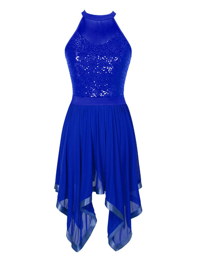 Elegant Ballet Leotards Dance Dress For Women Shiny Sequins Asymmetrical Hem Mesh Lyrical Dresses Prom Performance Costume