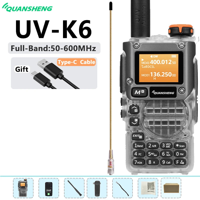 New Quansheng UV-K6 UHF VHF Walkie Talkie UV-K5(8) Full Band Type-C Scrambler NOAA Wireless Copy Frequency Transparent Ham Radio