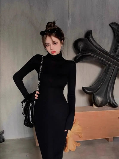 Long-sleeved High-necked Dress for Women Autumn Winter Bottoming Pure Lustful Sweet Girl Waist Tight Hip-hugging Long Skirt
