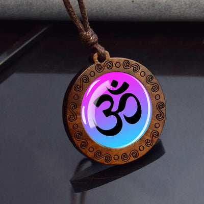 Hinduism Om Symbol Wood Glass Pendant Necklace Yoga Meditation Jewelry