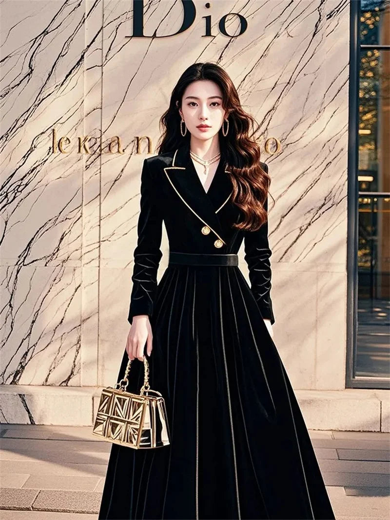 Style High-end Black Velvet Dress For Women, 2025 Autumn New Collection, Formal Occasions, Waist Cinching Suit Style Long Skirt