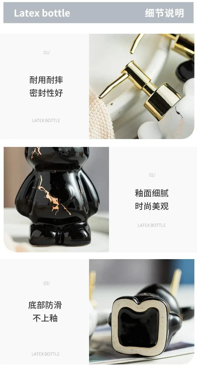 Luxury Marbling Bear Shape Ceramics Soap and Gel Dispenser Creative Black White Empty Shampoo Bottle Bathroom Storage Accessorie