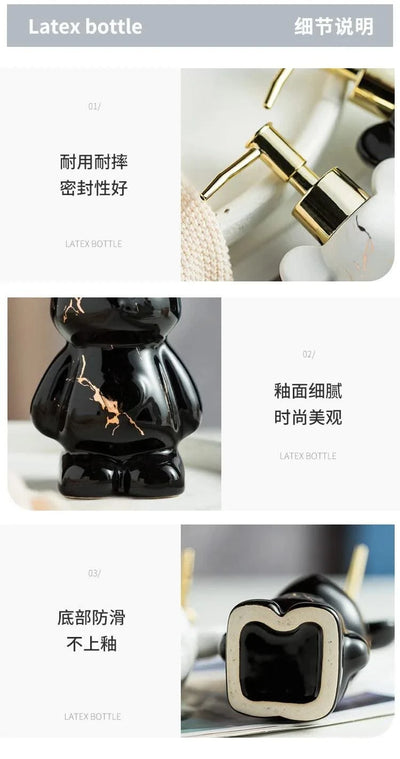 Luxury Marbling Bear Shape Ceramics Soap and Gel Dispenser Creative Black White Empty Shampoo Bottle Bathroom Storage Accessorie