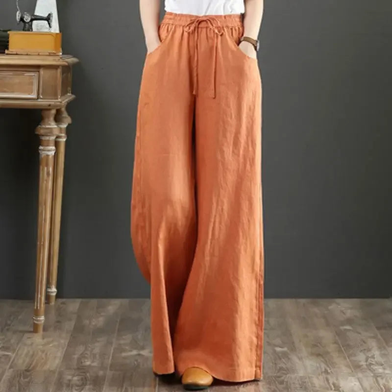 Wide-leg Pants Spring Casual Women's Versatile Loose Cotton Linen High-waist Drawstring Straight Trousers