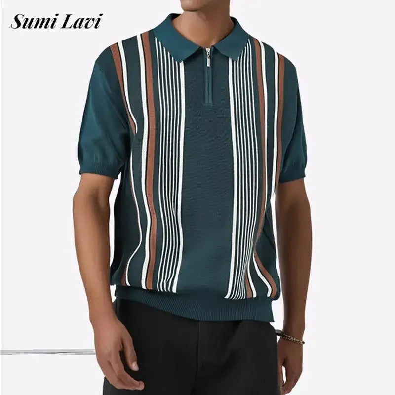 Trendy Men's Slim Knitted Polo Shirts Summer Casual Short Sleeve Zip-up Polo Neck Tops For Men Daily Leisure Striped Knit Polos