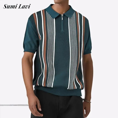 Trendy Men's Slim Knitted Polo Shirts Summer Casual Short Sleeve Zip-up Polo Neck Tops For Men Daily Leisure Striped Knit Polos