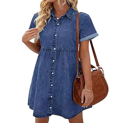 Women Babydoll Dress Stylish Women's A-line Denim Mini Dress with Short Sleeves Button-down Detail for Dating Commuting Parties
