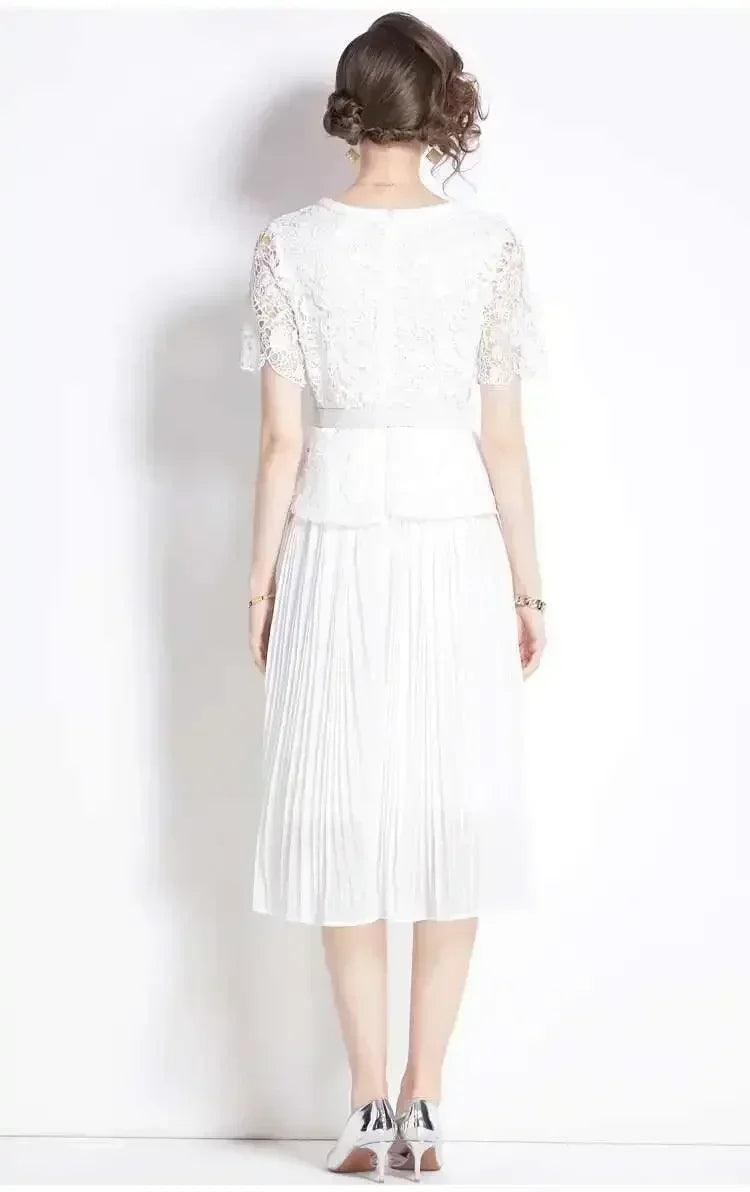 Luxury evening dress women summer vacation short sleeve pleated lace chiffon long dresses white single breasted midi