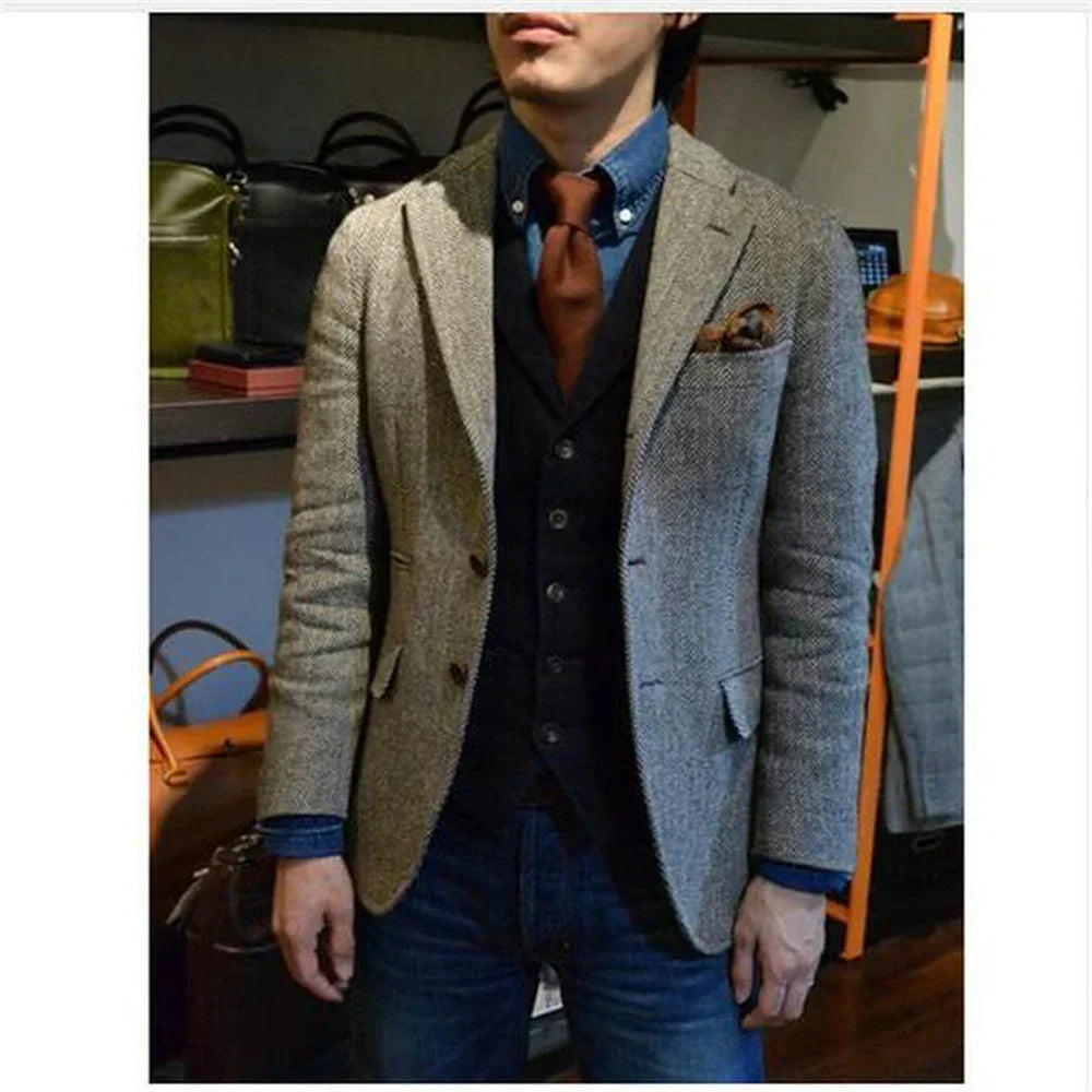 1Pieces Men's  Herringbone Single Breasted Slim Fit Casual Men's Blazers Sets Wool Coat for Men Blazers Luxury Designer Male